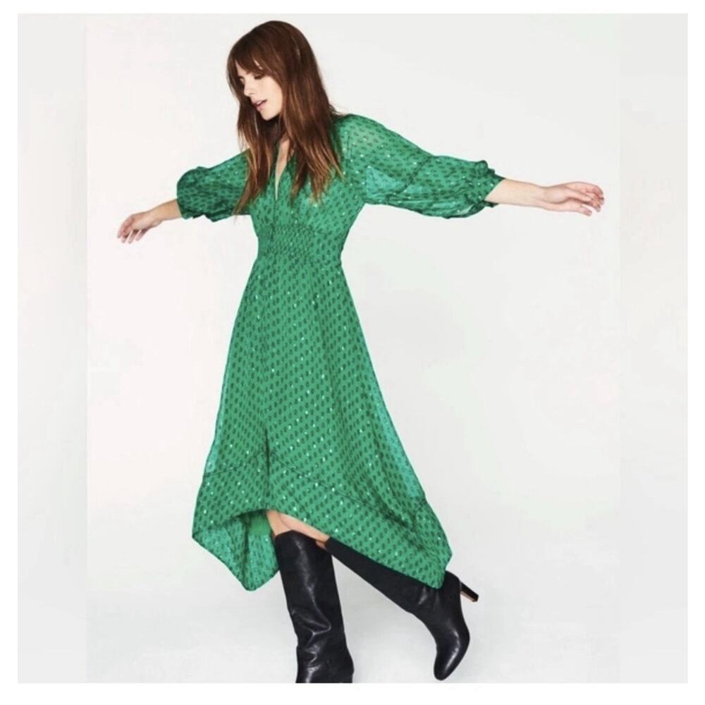 ba&sh Cyana Size 1/US 6/S Kelly Green Wrap Dress Geometric Sheer